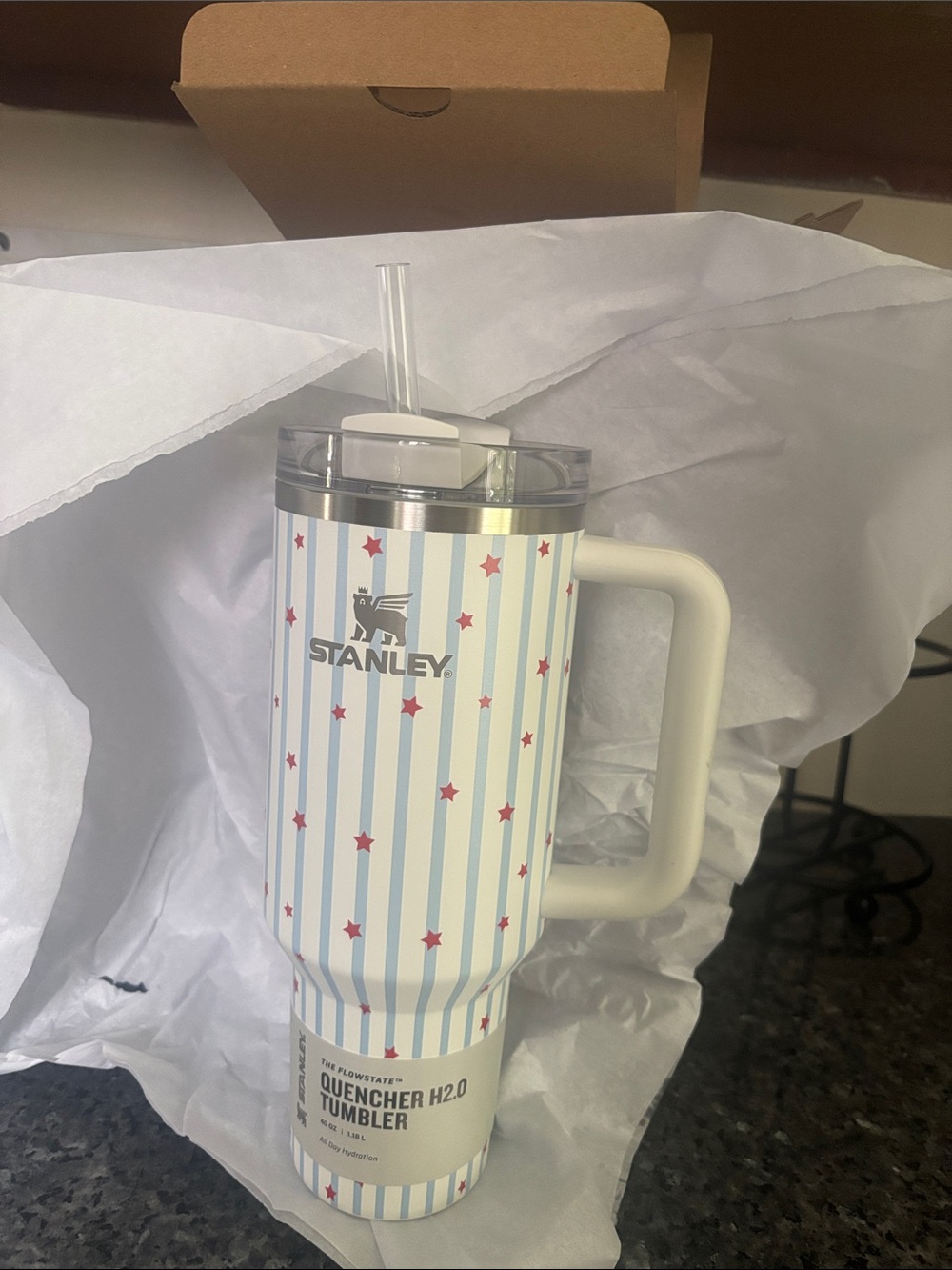 Stanley White Tumbler with Light Blue Stripes and Red Star Accents 40oz BRAND NE